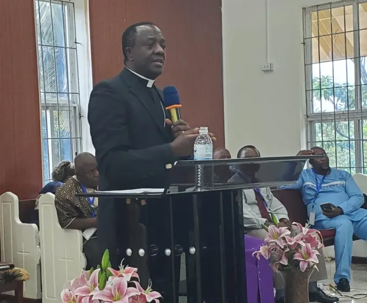 Rev. Dr. Fidon Mwombeki delivering the keynote speech at the Liberia Council of Churches 35th General Assembly on 31st May 2025